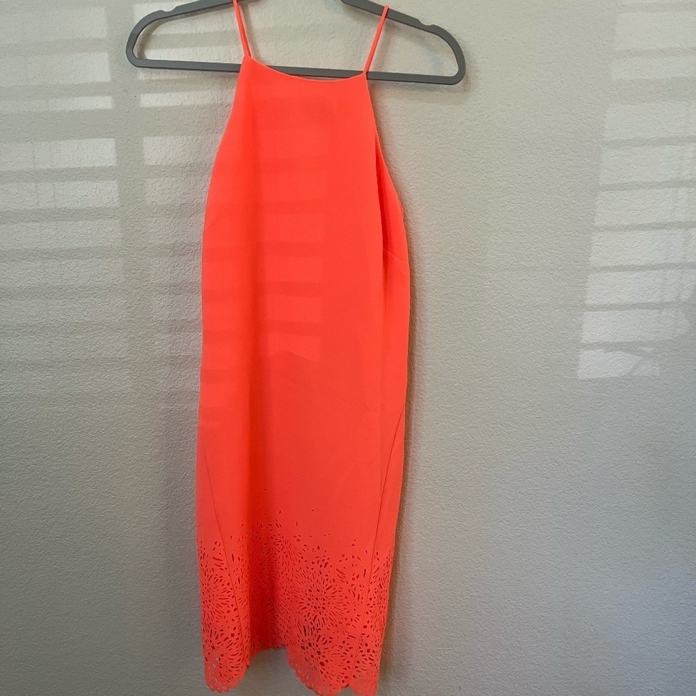KAREN MILLEN | Shift Cocktail Orange Mini Dress Sleeveless Laser Cut | Size 6 - Picture 3 of 9